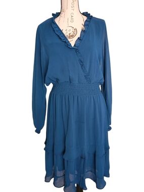 Emma & Michele Teal Blue Ruffle-Trim Long Sleeve Dress